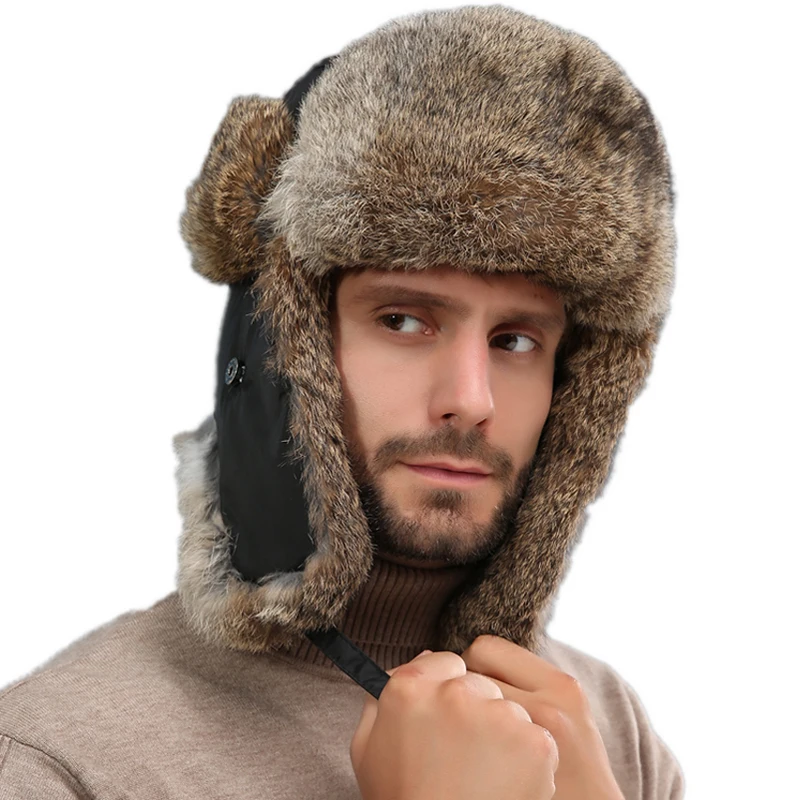 Men Real Rabbit Fur Bomber Hats Women Winter Warm Ushanka Russian Snow Hat with Earmuffs Trapper Cap Earflap | Аксессуары для