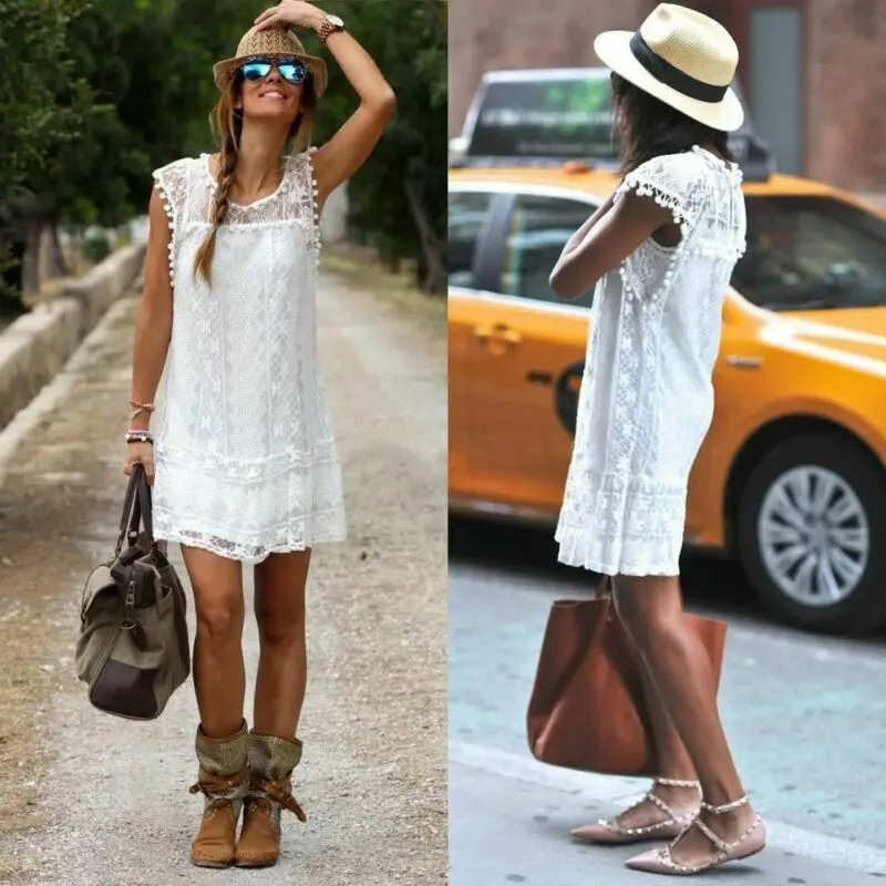 Boho Women O Neck White Lace Mini Short Dress Womens Fashion Sleeveless Tassel Dresses | Женская одежда