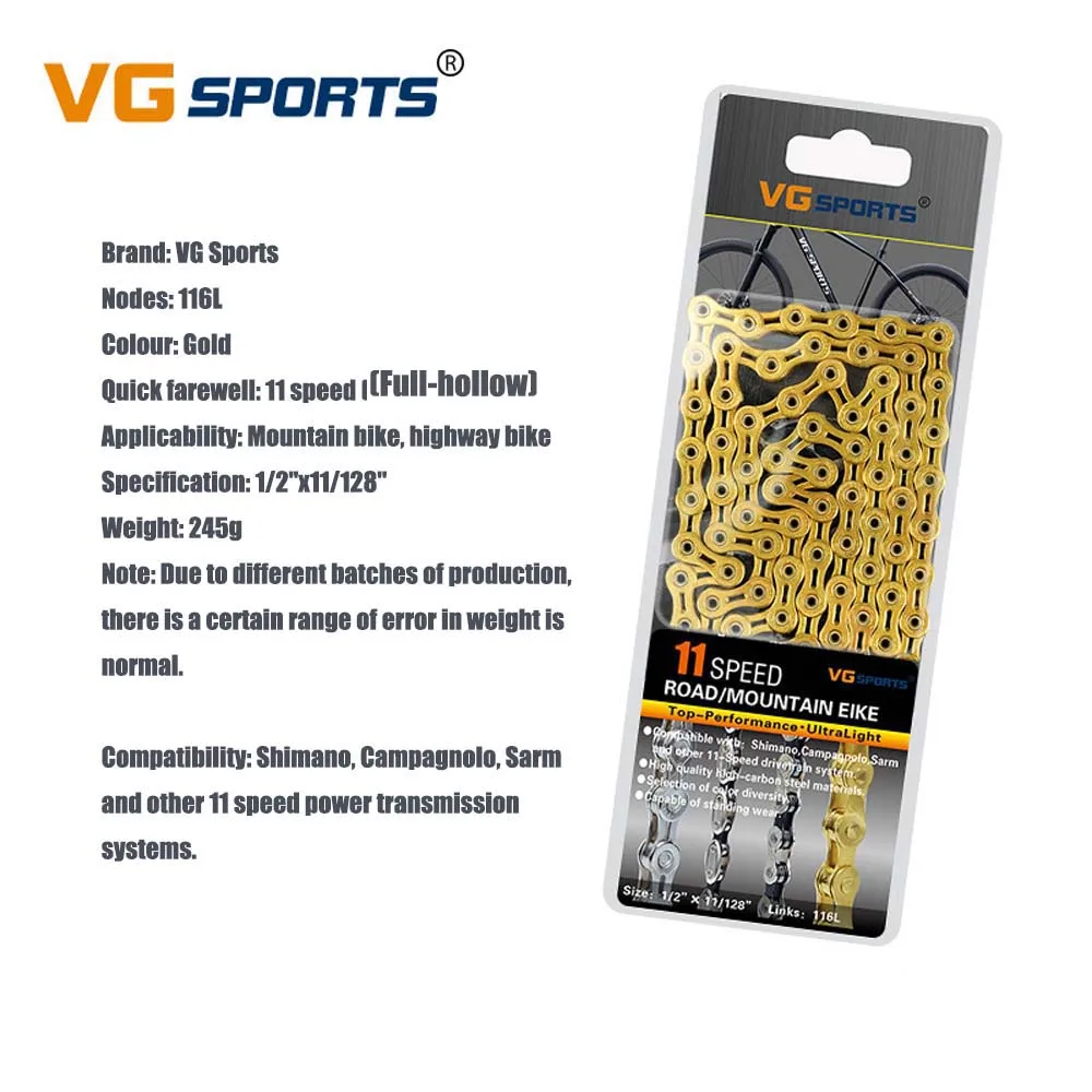11S Full-hollow Gold MTB Bicycle Chain 8 9 10 11 Speed Road Bike Full Hollow Chain Mountain Bike Half Hollow Chain Golden Silver Colour VG Sports - Цвет: 11S Full-hollow Gold