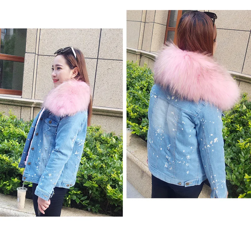 2018 Новая модная зимняя куртка пальто женская джинсовая с дырками настоящий