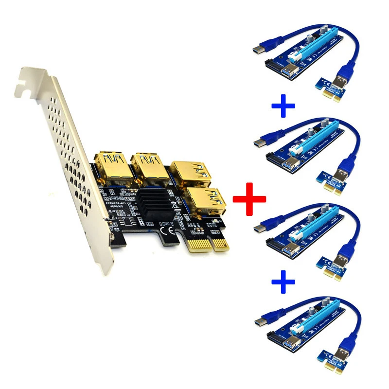 Riser USB 3,0 PCI-E Express 1x to 16x Riser Card Adapter PCIE 1 to 4 Slot PCIe port Multiplier Card for BTC Bitcoin Miner - Цвет: Черный