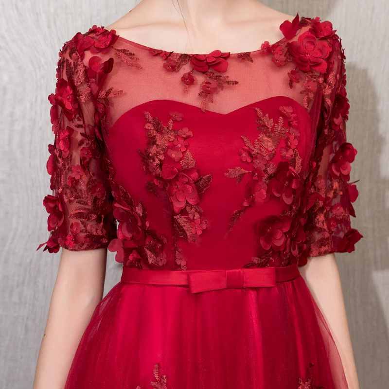 Robe de soiree винно Красное длинное вечернее платье с круглым вырезом и аппликацией