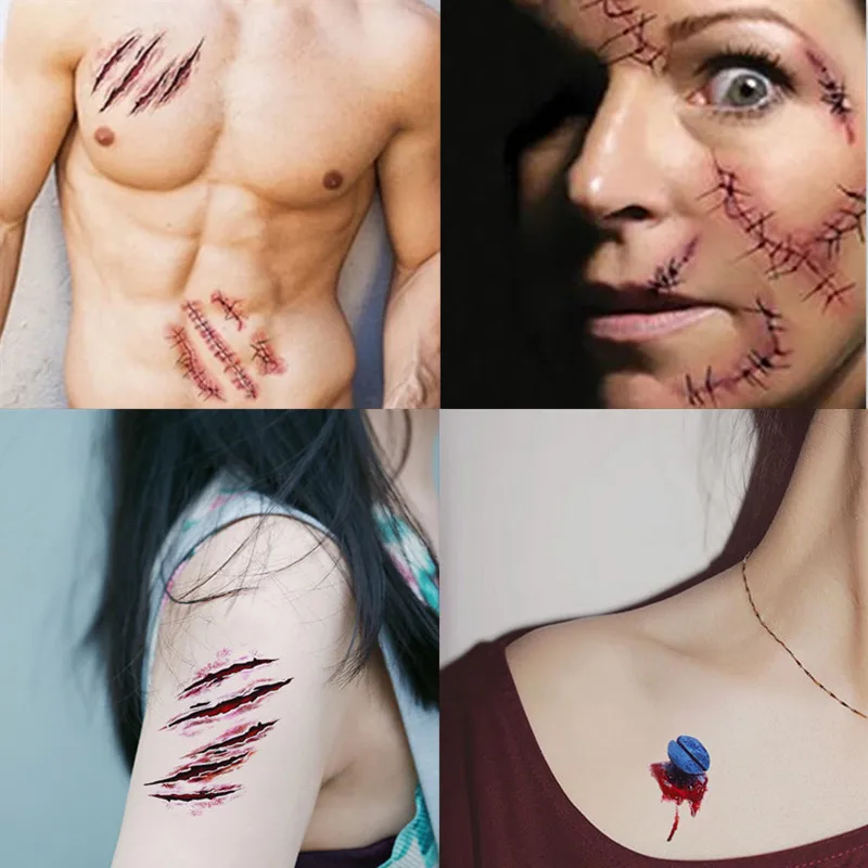 10 шт./лот Хэллоуин Зомби шрам татуировки Поддельные шрамы кровавый Макияж для