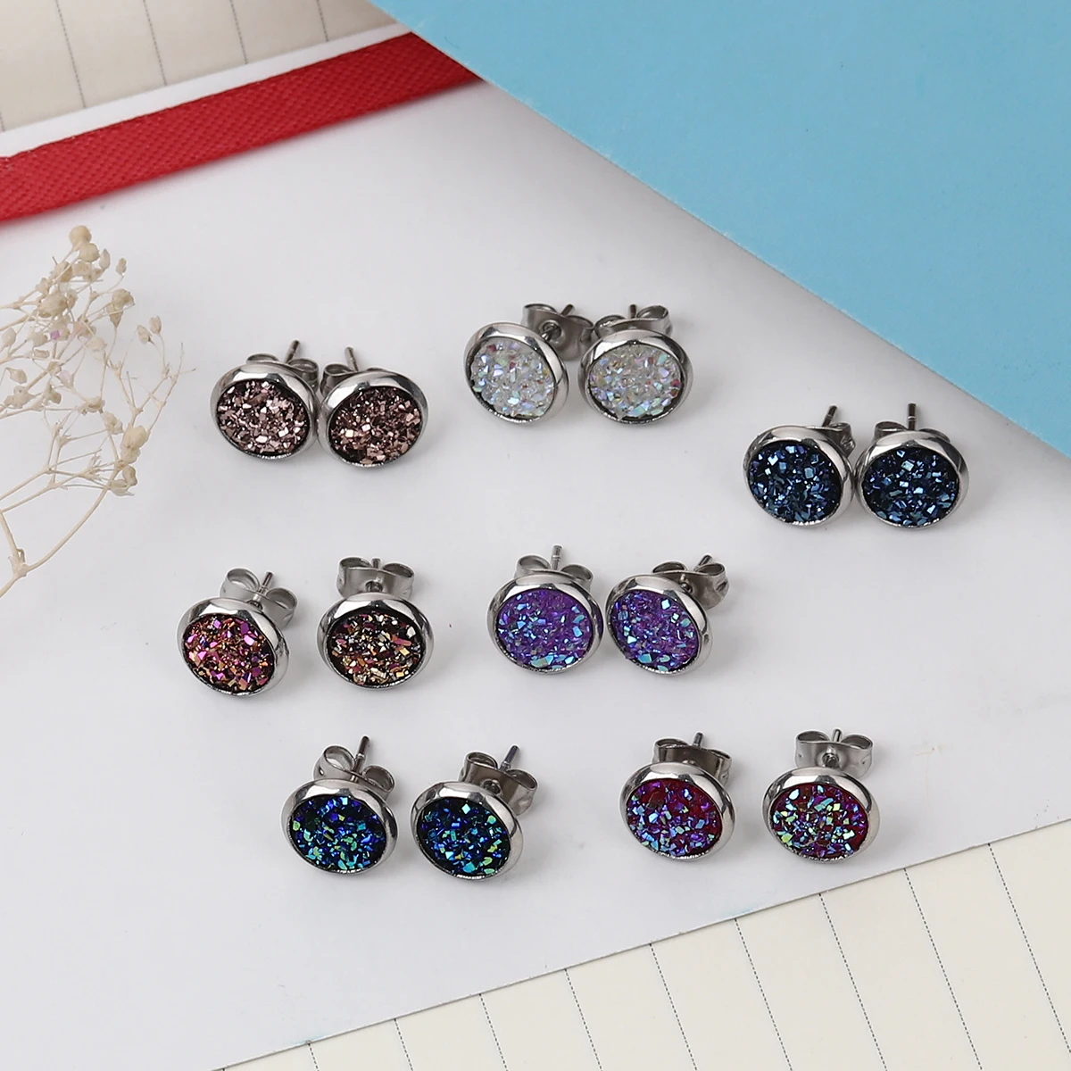 Нержавеющая сталь Druzy/Drusy серьги гвоздики серебряный цвет фуксия круглый AB Цвет 10