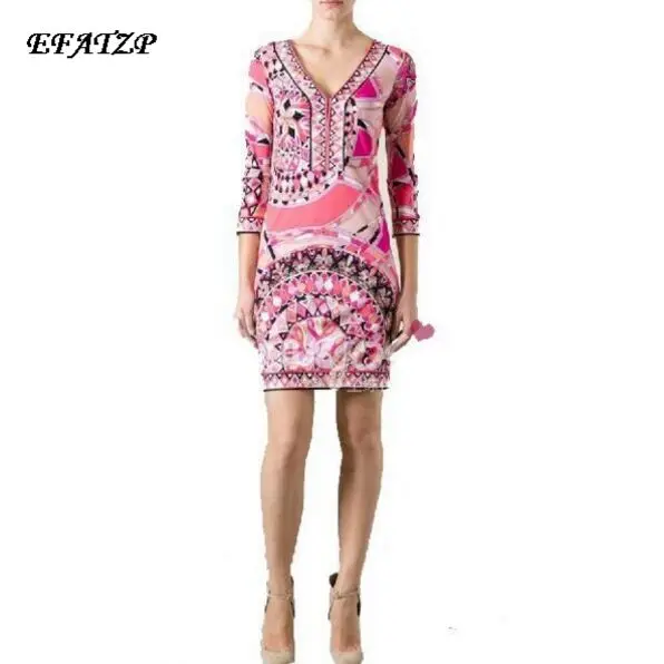 Осень 2016 женское платье с геометрическим принтом рукавом 3/4 длиной до колена