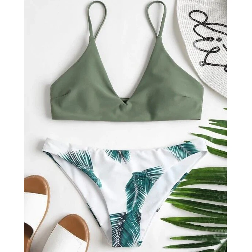 Лиственным принтом сексуальный комплект бикини Schwimmwear женщина с лямкой на шее