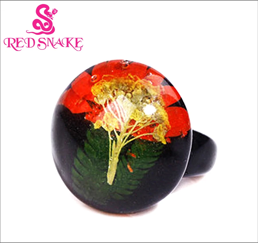 Красная змея мода чистый ручной черный с цветком внутри прозрачное кольцо из