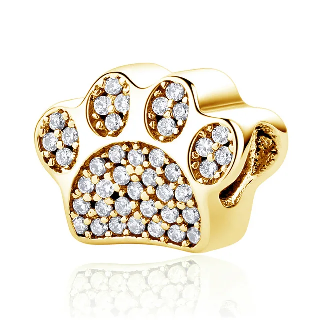 Paw Prints Gold Настоящее 925 пробы серебряный бисер очарование милые животные милый питомец Кристалл талисманы подходят Pandora Браслеты Женские Ювелирные изделия - Цвет: Paw Prints Gold