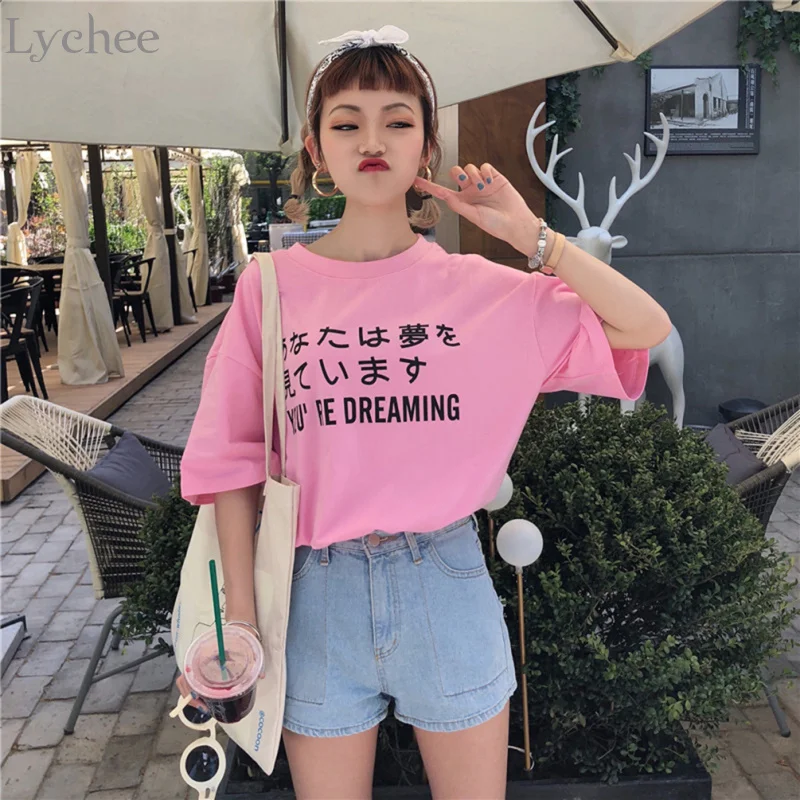 

Lychee Harajuku Punk Summer Women T Shirt Letter Japanese Print Casual Loose Short Sleeve T Shirt Tee Top Female