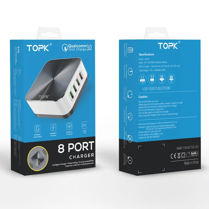 TOPK 8-Порты и разъёмы Quick Charge 3,0 USB Зарядное устройство ЕС США Великобритания AU Подключите Desktop Быстрый Телефон Зарядное устройство адаптер для iPhone samsung Xiaomi Huawe