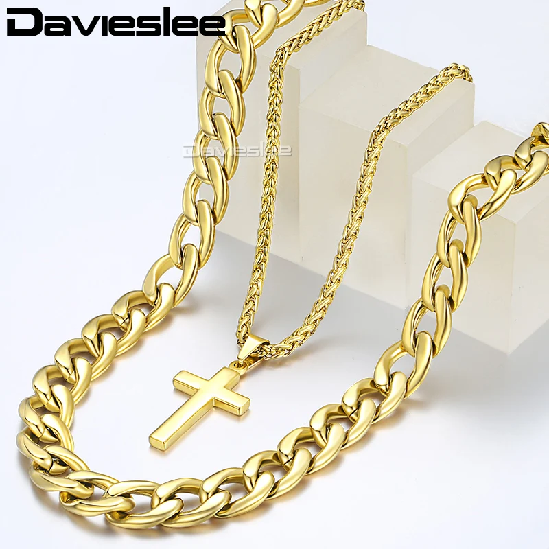 Davieslee Necklace For Men Gold Stainless Steel Cuban Wheat Link Chain Cross Pendant Hip Hop Jewelry 13mm 24inch DDN08 | Украшения и