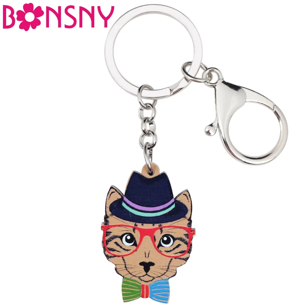 Брелок для ключей Bonsny женщин и девушек акрил кот котенок очки шляпа цепочка в