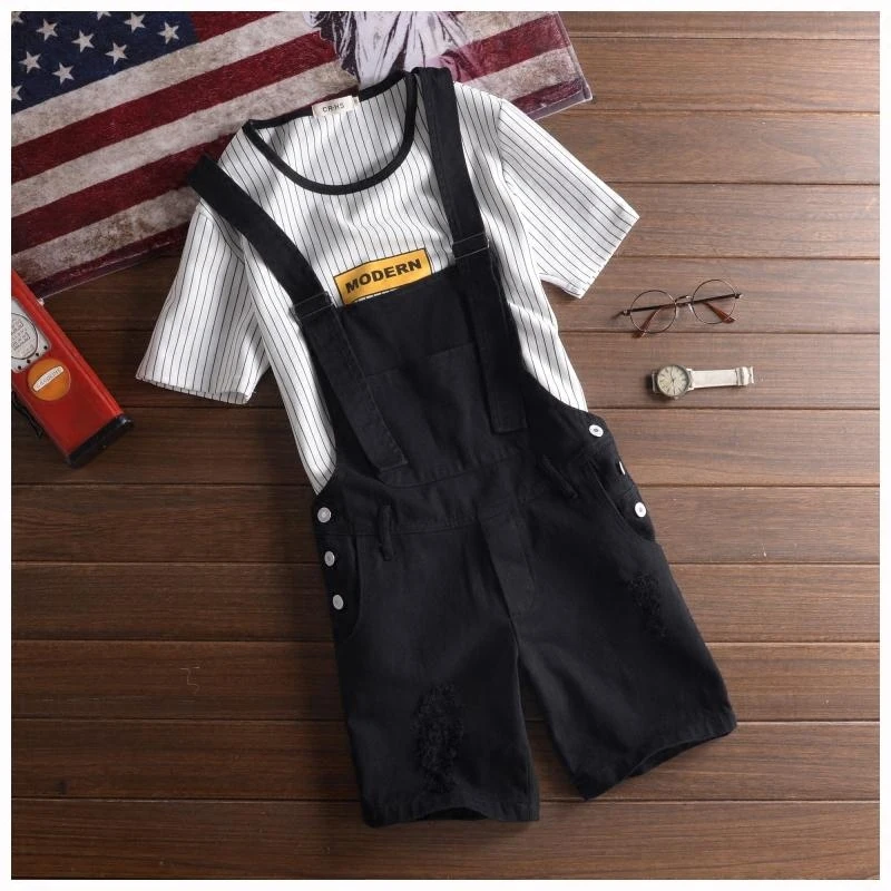 Бесплатная доставка 2019 Модные мужские комбинезоны шорты на лямках модные рваные