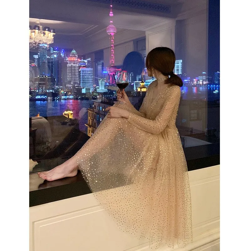 Платье женское прозрачное с глубоким вырезом и блестками Сетчатое 2019|Женские