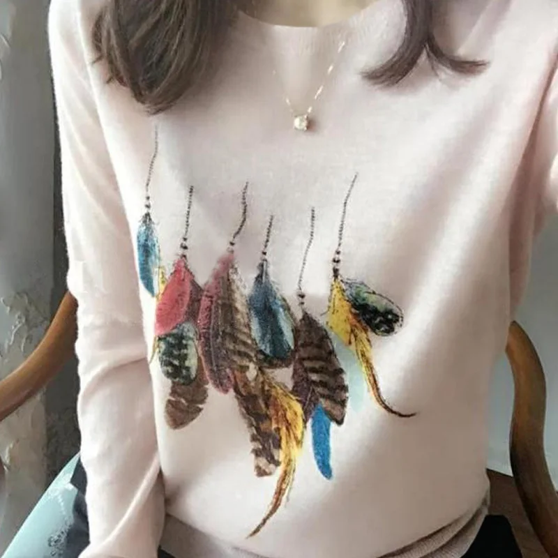 

Snaoutofit Pure Cashmere Sweater Female Round Neck Feather Print Winter Short Paragraph Sets of Fashion Casual Knitted Shirt