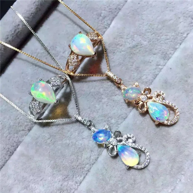 KJJEAXCMY boutique jewelryMulticolored jewelry natural Opal Silver Ring Set 925 exquisite Necklace Set