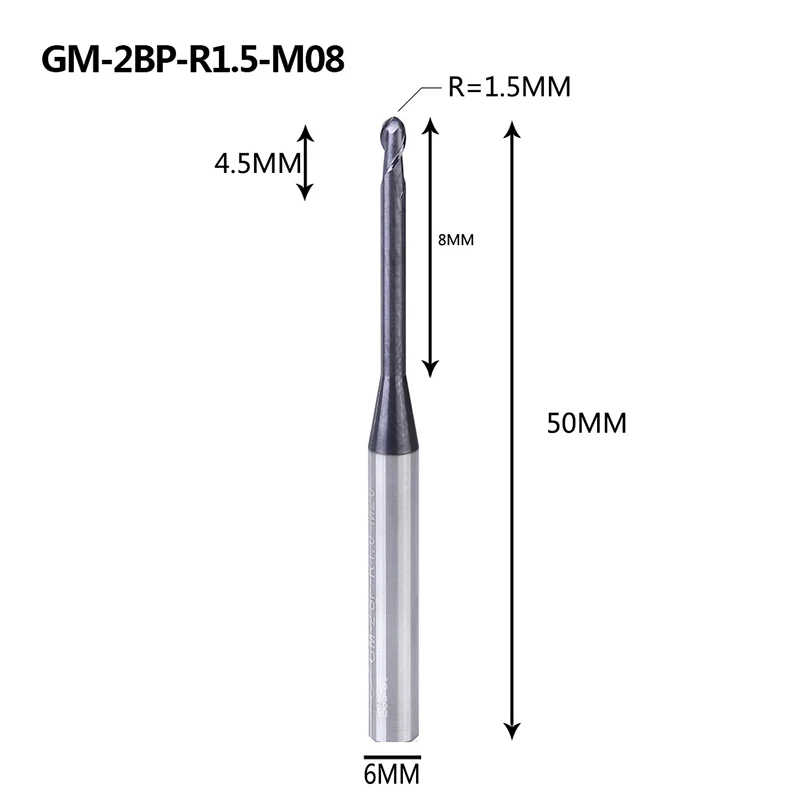 GM-2BP-R1.5-M08 GM-2BP R1.0-R2.5 твердосплавная Концевая фреза 2 флейты с круглым носом и длинной шеей с коротким отрезным краем с покрытием фрезерный станок с ЧПУ режущие инструменты - Длина режущей кромки: GM-2BP-R1.5-M08