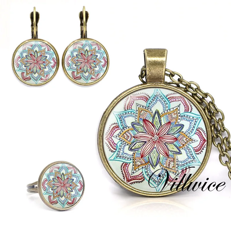 Хит Ювелирные наборы с цветком мандалы подвеска Яга из хны серьги кольца