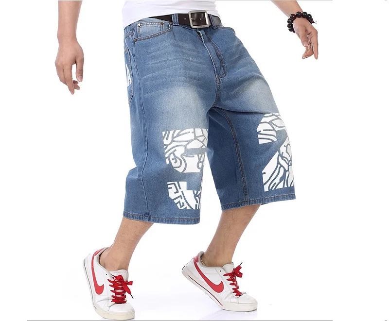 

YuWaiJiaRen Summer Denim Shorts Jeans Men Loose Letter Hip Hop Straight Trousers 30-46