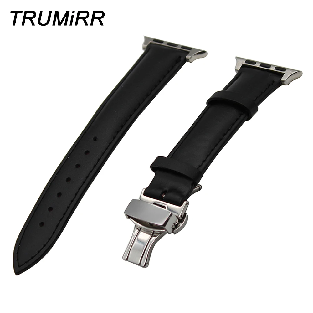 

Ремешок для часов из натуральной телячьей кожи + адаптер для iWatch Apple Watch 38 мм 42 мм, ремешок для наручных часов с застежкой-бабочкой, черный, кор...