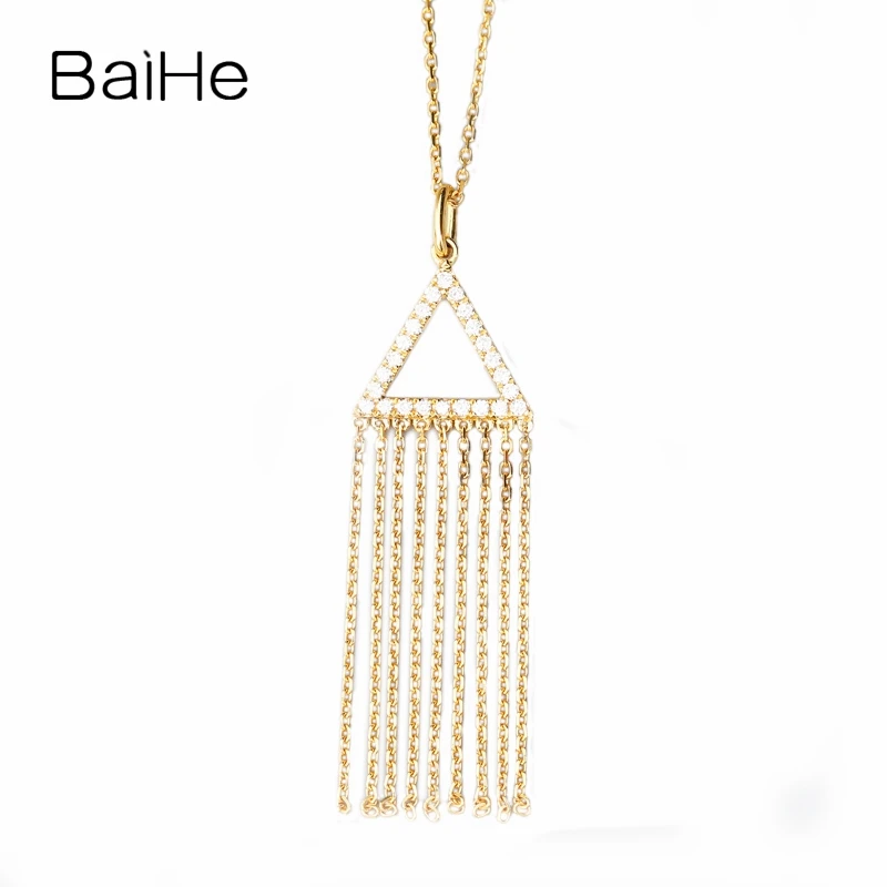 

BAIHE Solid 18K Yellow Gold 0.20ct H/SI Natural Diamond Trendy Wedding Fine Jewelry Beautiful triangle diamond tassel Necklaces
