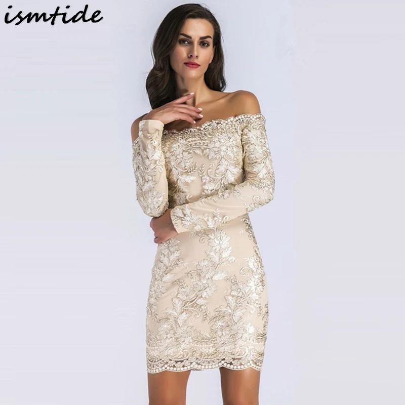 платья сетки с вышивкой Золотые Bodycon женские открытыми плечами кружевные Винтаж