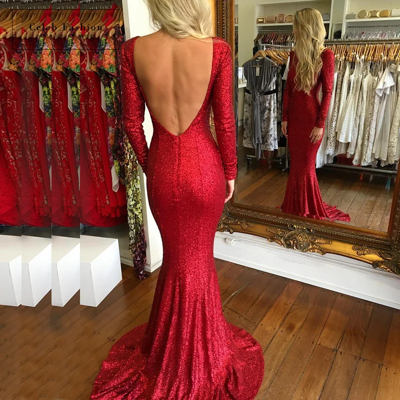 Блестящие Красные Блестками Длинные Русалка Пром Платья Sexy Backless Рукава Вечернее