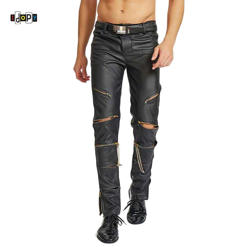 

Idopy Steampunk DJ Skinny Mens Faux Leather PU Black Joggers Party Night Club Biker Pants For Men Boys With Knee Gold Zippers