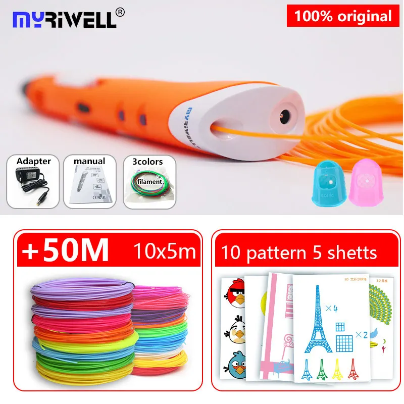 Orange and ABS 50m Myriwell 3 d ручка 3d ручки+ 10*5 м abs накаливания pla 1,75 мм 3d модели Smart 3d печать Ручка лучший подарок для детей pen-3d печати ручка - Цвет: Orange and ABS 50m