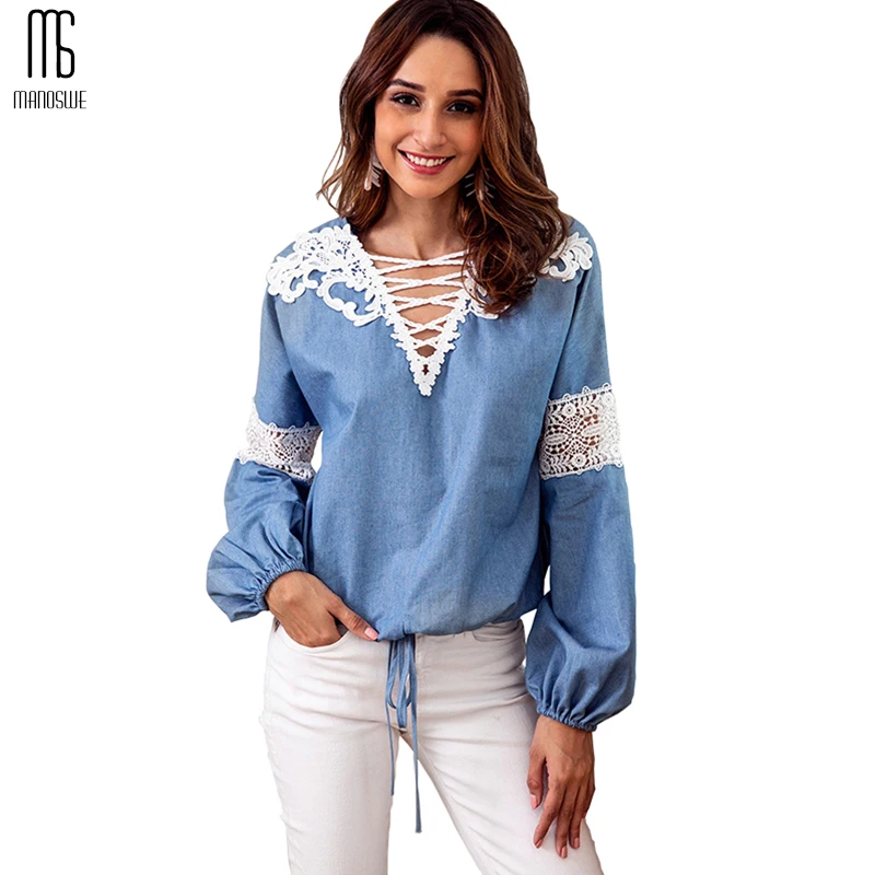 Джинсовая женская блузка с длинным рукавом сексуальный топ v-образным вырезом