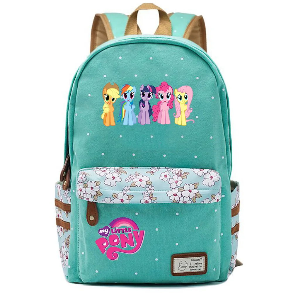 703CHK-07 Kawaii My Little Pony Rainbow Dash Pinkie Pie с цветами в горошек, школьная сумка для мальчиков и девочек, женский рюкзак, Подростковый холщовый женский рюкзак - Цвет: 703CHK-07