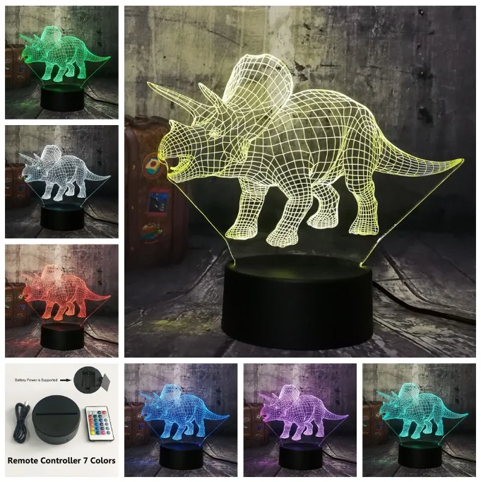 Remote 7 Color Пижама с динозавром из фильма «Парк Юрского периода»; Трицератопс 3D светодиодный Ночной светильник Настольная лампа для сна творческая детская игрушка Спальня домашний Декор Рождественский подарок - Испускаемый цвет: Remote 7 Color