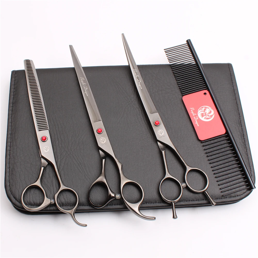 

Z3005 4Pcs 8" 22cm Japan 440C Purple Dragon Clippers For Dog Cutting+Thinning+UP Curved Shears Professional Pets Hair Scissors