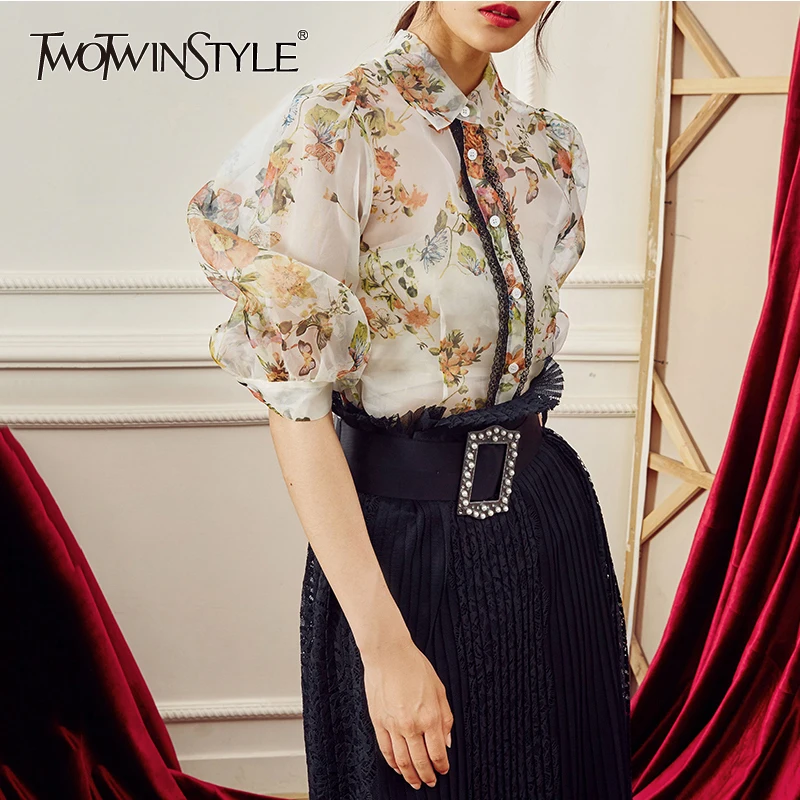 TWOTWINSTYLE, винтажные, с перспективным принтом, из кусков, кружевные, женские рубашки, блузка, с коротким рукавом, воротник с лацканами, Женский Топ, Повседневный, весна