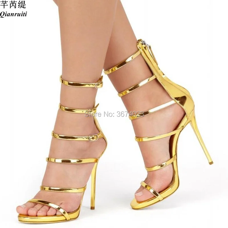 Qianruiti זהב מתכתי עקבים גבוהים Zapatos Mujer נשים קרסול כלובי סנדלי גלדיאטור רצועות נעליים עקב להרחיב הבוהן Sandalia המפלגה