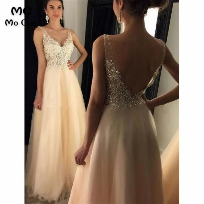 

2018 Popular Illusion Prom Dresses Long with Crystals Appliques V-Neck Vestido Longo Tulle Formal Evening Party Dress for Women