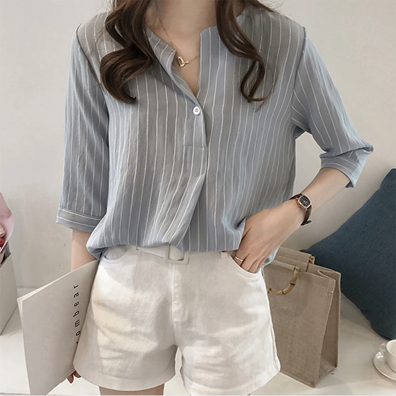 

Women Fashion Striped V-Neck Baggy Blouse Ladies Seven Sleeve Button Casual Loose Tunic Tops Elegant Office Summer Shirts
