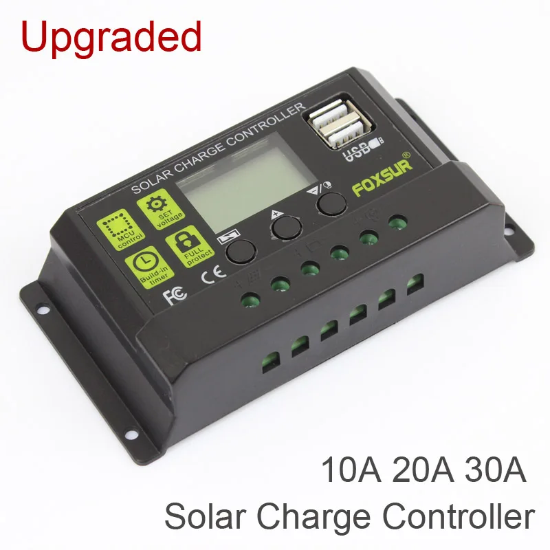 FOXSUR 30A 20A 10A LCD Display PWM DC 5V USB 12V 24V Auto Switch Solar Panel Charge Regulator Solar Charge Controller