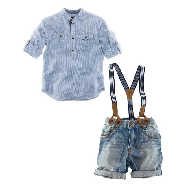 

2018 New Summer Boys Denim Sets Costume Blue Striped Shirts+Suspender Shorts Jeans Pants 2PC Suits Meninos Infantil Clothing