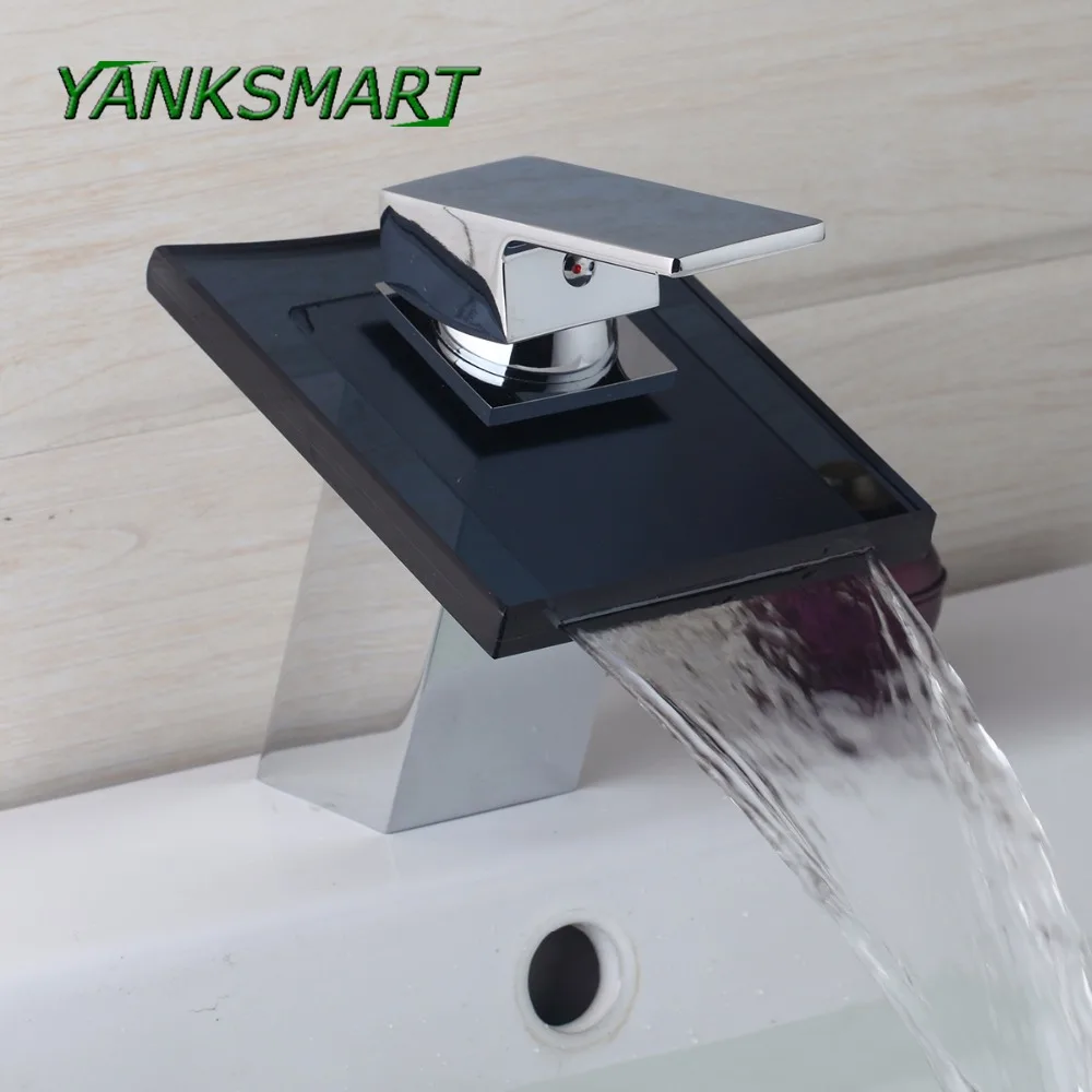 YANKSMART черный стеклянный латунный кран с водопадом на бортике хромированный