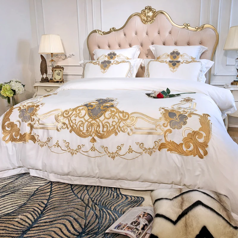 Новый Белый 100S Египетский хлопок Вышивка Королевский Комплект постельного белья