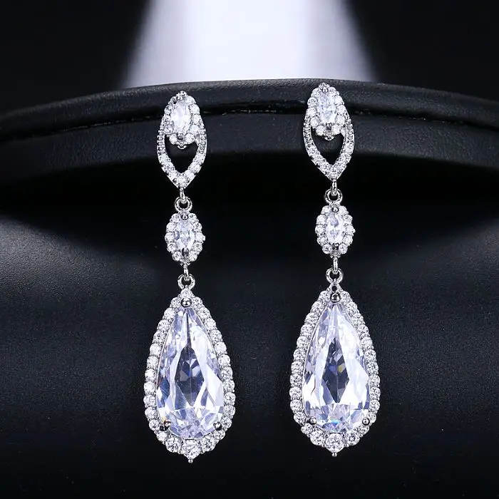 EMMAYA Luxury Bridal Four Colors Silver Vintage Allure Crystal Waterdrop Long Drop CZ Earrings For Women Wedding Jewelry Gift - Окраска металла: white