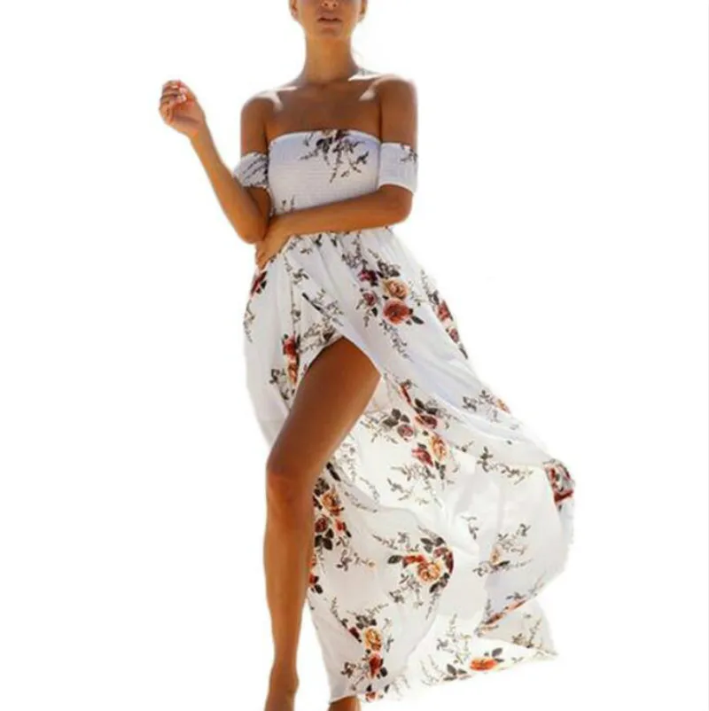 Длинное пляжное платье с открытыми плечами летнее короткими рукавами винтажный