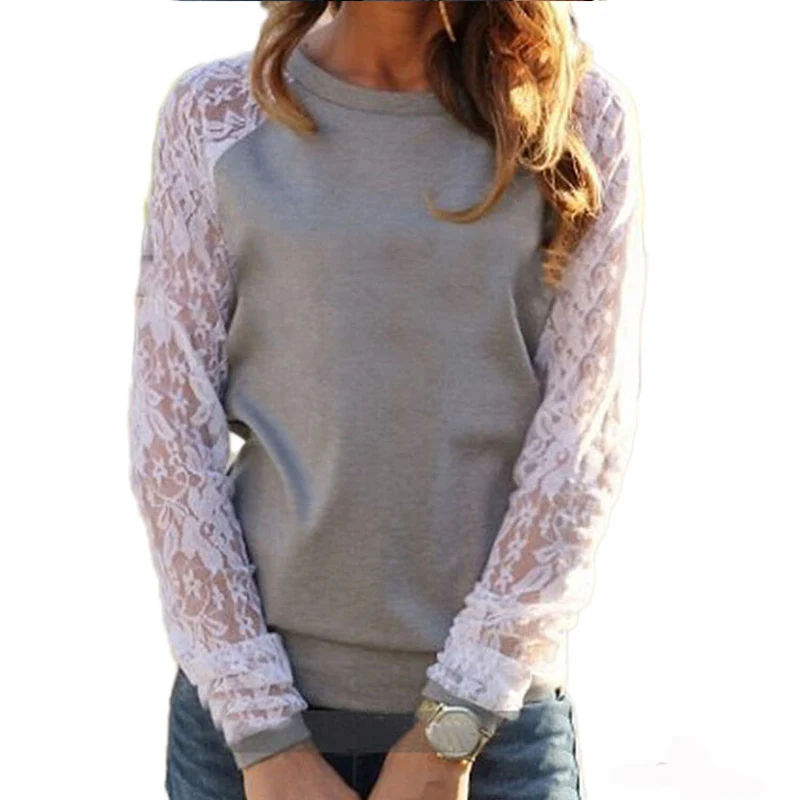 Blusa Feminina 2015 Women Casual Long Sleeve Lace Blouse Shirt O Neck Tops Solid Blouses Shirts Plus Size XXL |