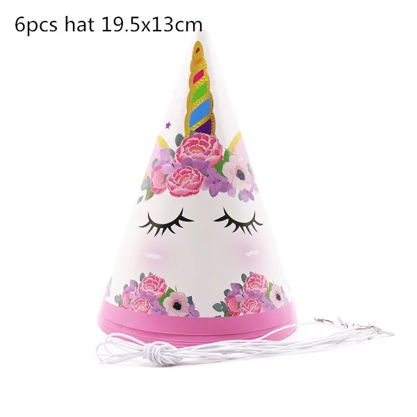 6pcs hat Вечерние украшения в виде единорога для девочек, топперы для торта на день рождения, тематические бумажные стаканчики в виде единорога, шляпы, салфетки, скатерть, Детские Подарочные вечерние принадлежности - Цвет: 6pcs hat