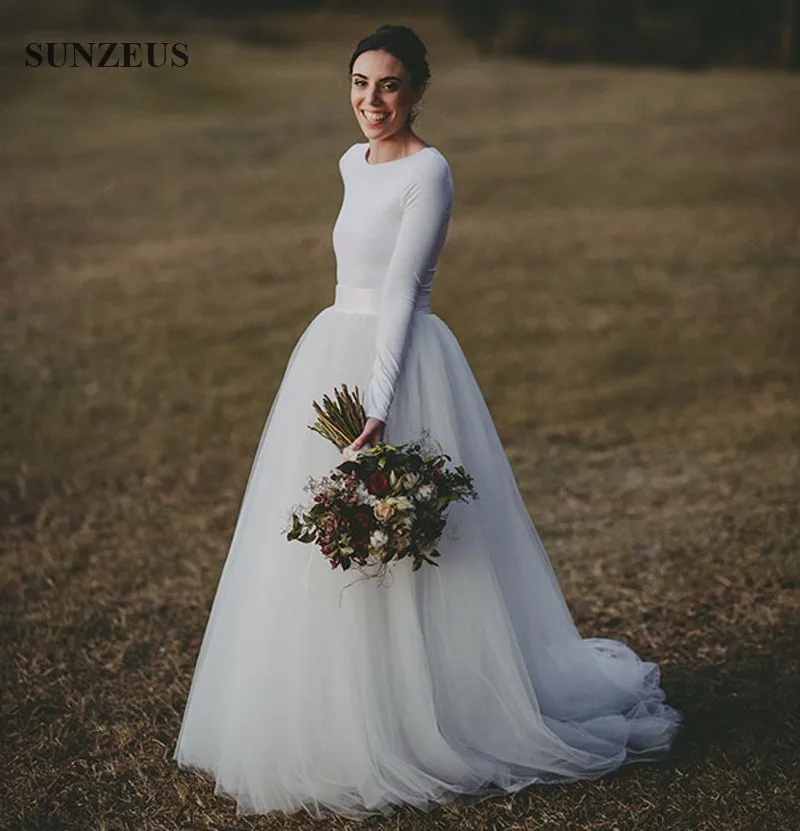 

Wedding Dress Long Sleeve Jersey Top Tulle Skirt 2 Piece Bridal Wedding Gowns Simple Vestido De Noiva De Tule SAU201