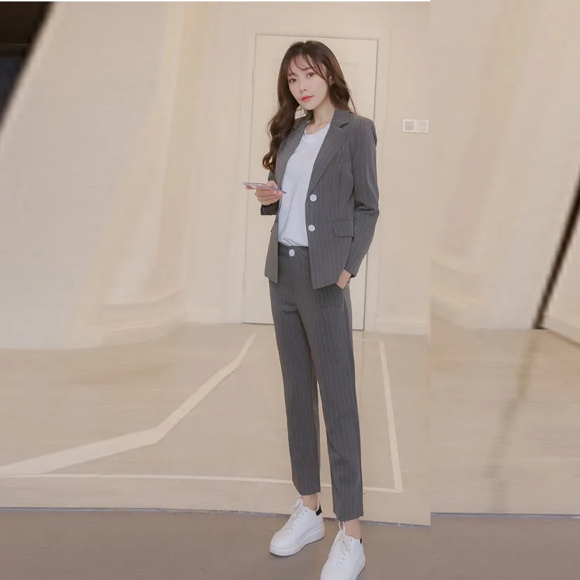 Spring Women Striped Blazer Suits Long Sleeve Notched Single Breasted Tops Pockets Ankle Length Pants Office Lady S91603J - Цвет: gray two piece sets