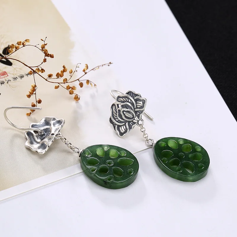 

2018 Special Offer Promotion Brinco S925 Pure Natural Hetian Jade Jasper Mosaic Lotus Root Lady High-end Earrings Wholesale