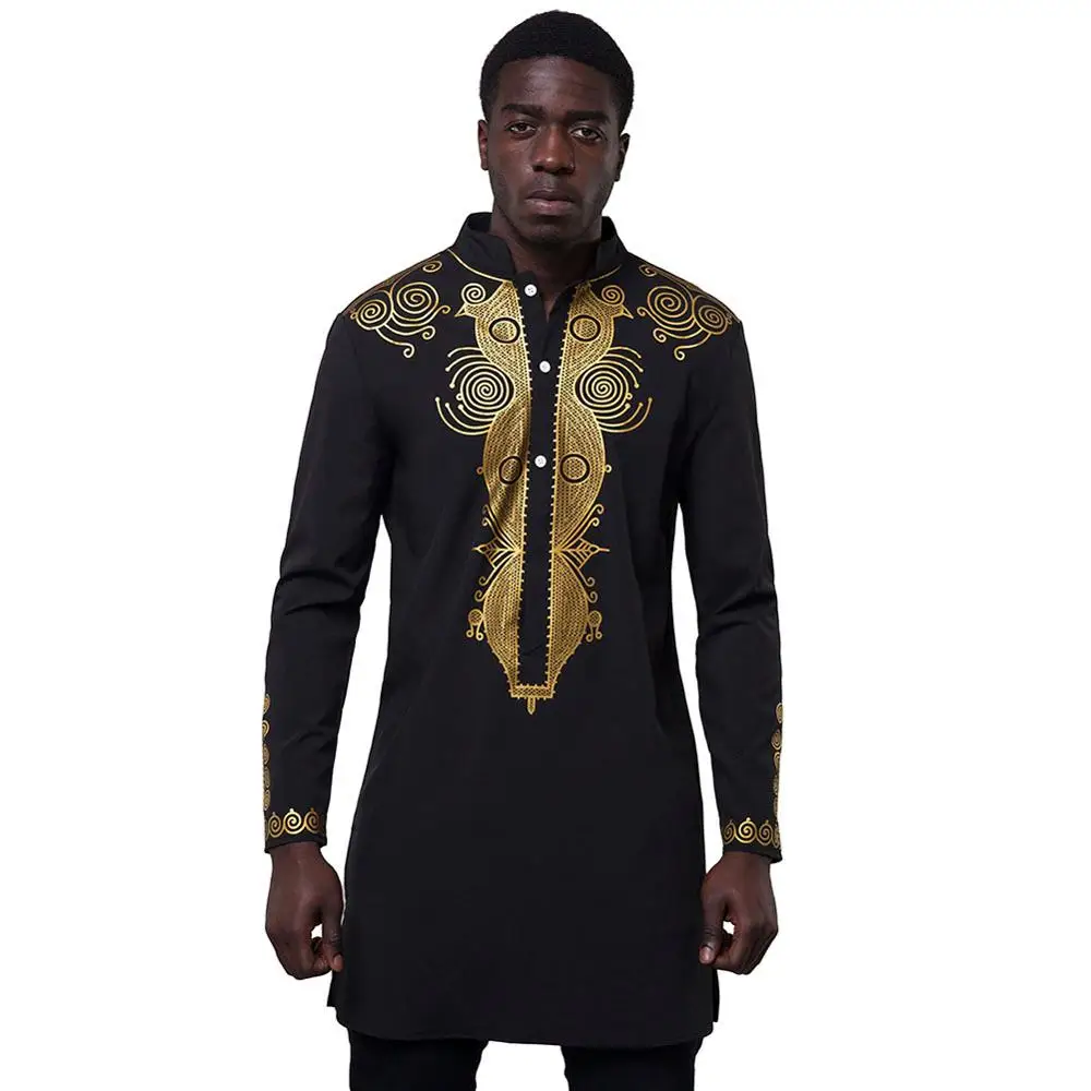 Black Opslea Dashiki африканская Мужская рубашка с длинным рукавом и стоячим воротником Bazin Riche с национальным этническим принтом Одежда Повседневная приталенная рубашка - Цвет: Black