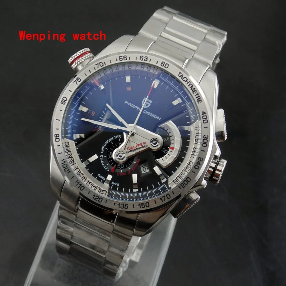 New Model Fashion hot sale mens quartz Casual Multifunction Watch 44mm Chronograph Date black dial stainless steel strap